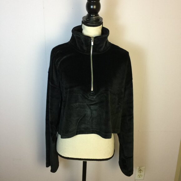 New! Fabletics Sweatshirt XXL/1X Black Plush Rib Velour Cropped Half Zip - Picture 1 of 13